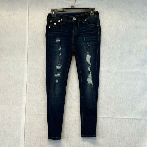 TRUE RELIGION Women’s Jeans Size 27 Blue Halle Mid Rise Capri Distressed Skinny - Picture 2 of 16